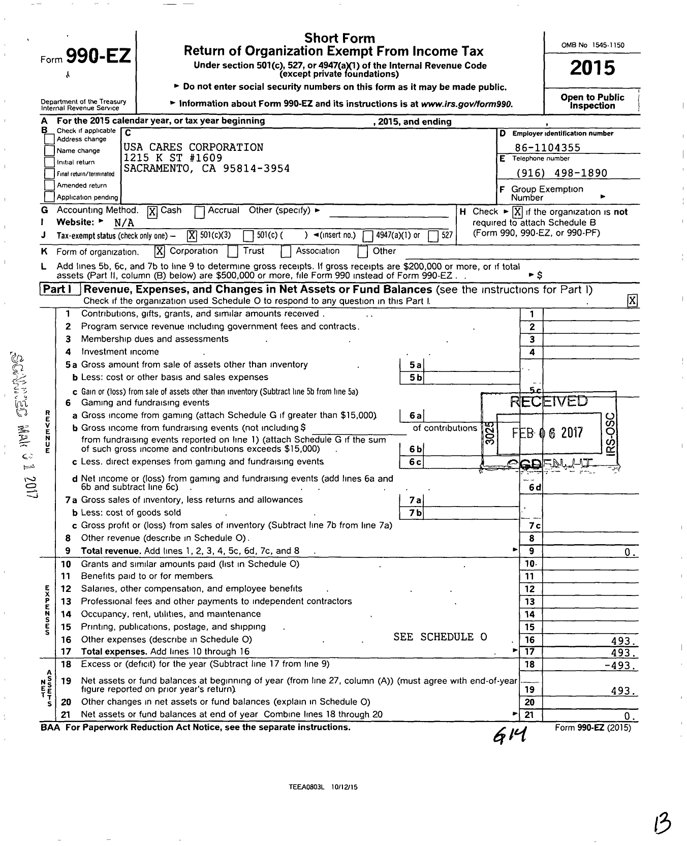 Image of first page of 2015 Form 990EZ for USA Cares Corporation