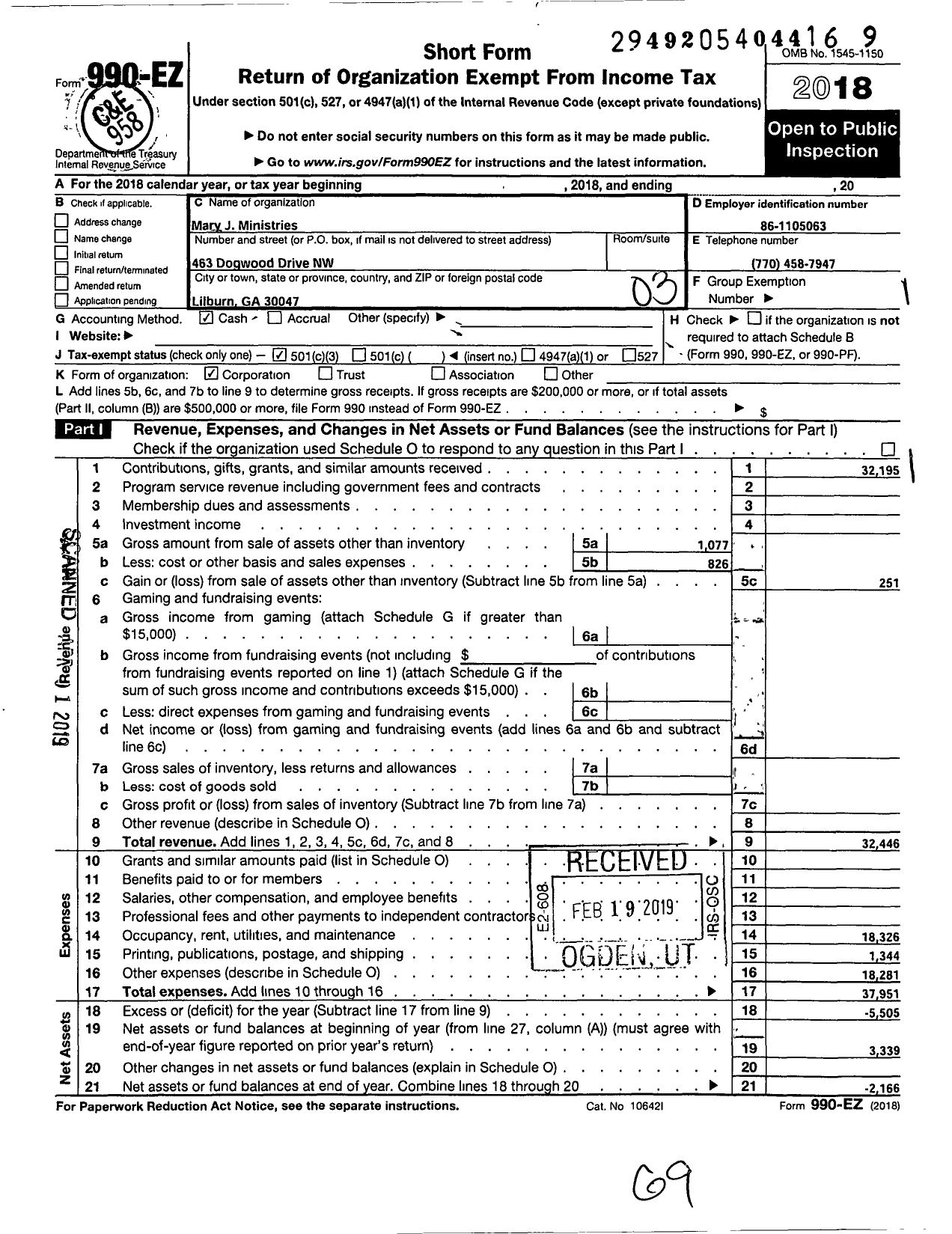 Image of first page of 2018 Form 990EZ for Mary J Ministries