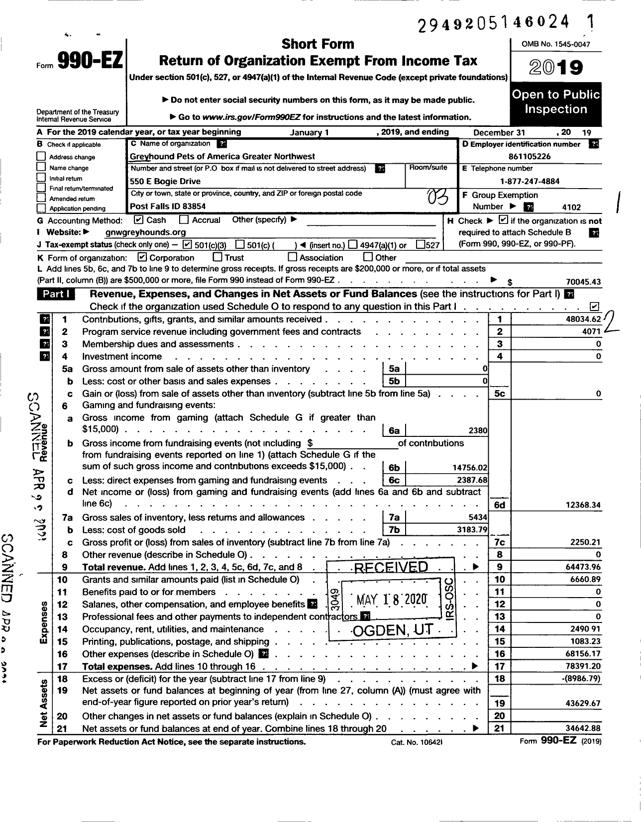 Image of first page of 2019 Form 990EZ for Greyhound Pets of America Greater