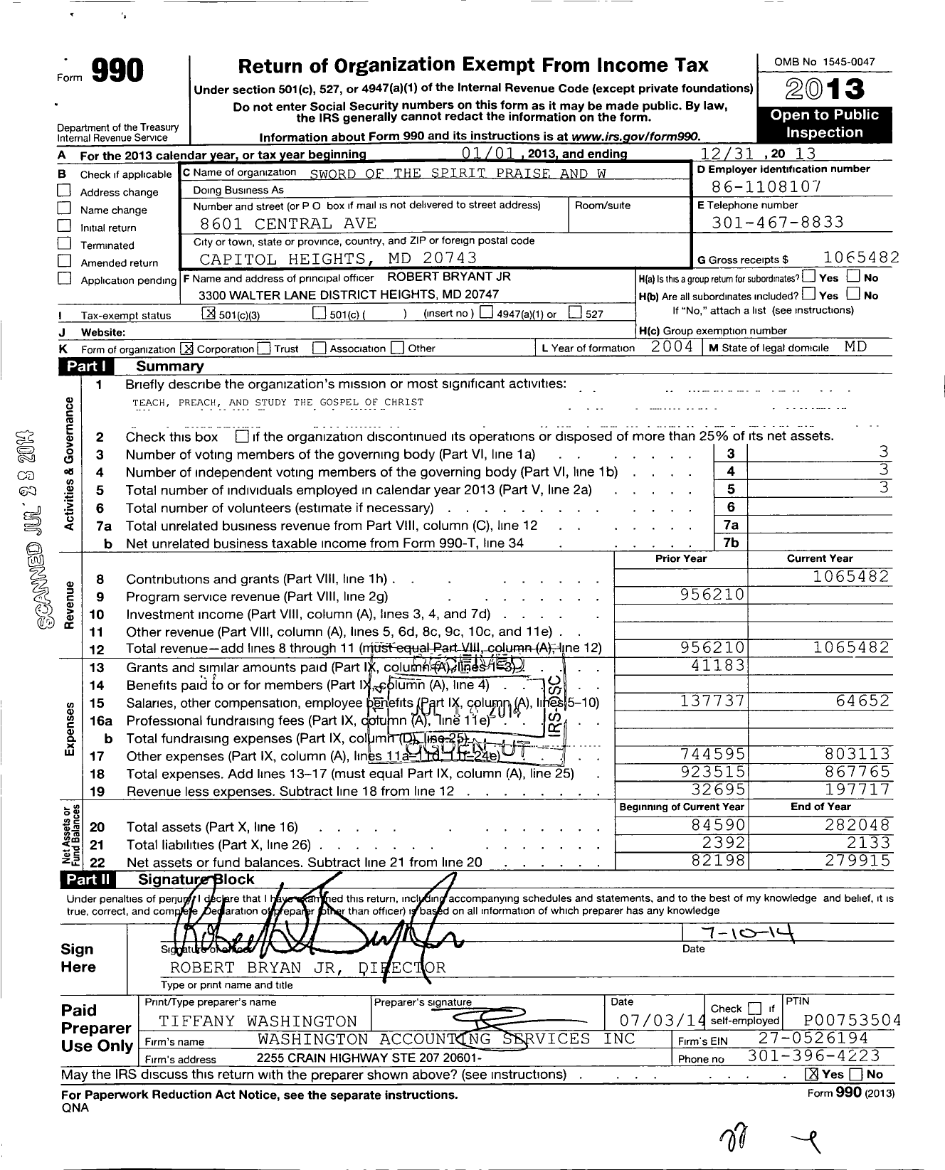 Image of first page of 2013 Form 990 for Sword of the Spirit Praise and Worship Center