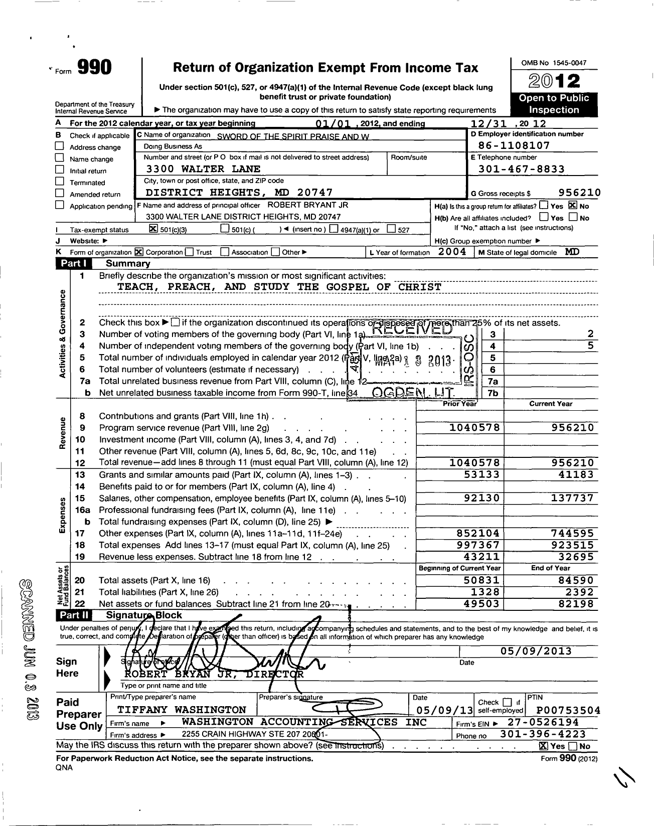 Image of first page of 2012 Form 990 for Sword of the Spirit Praise and Worship Center