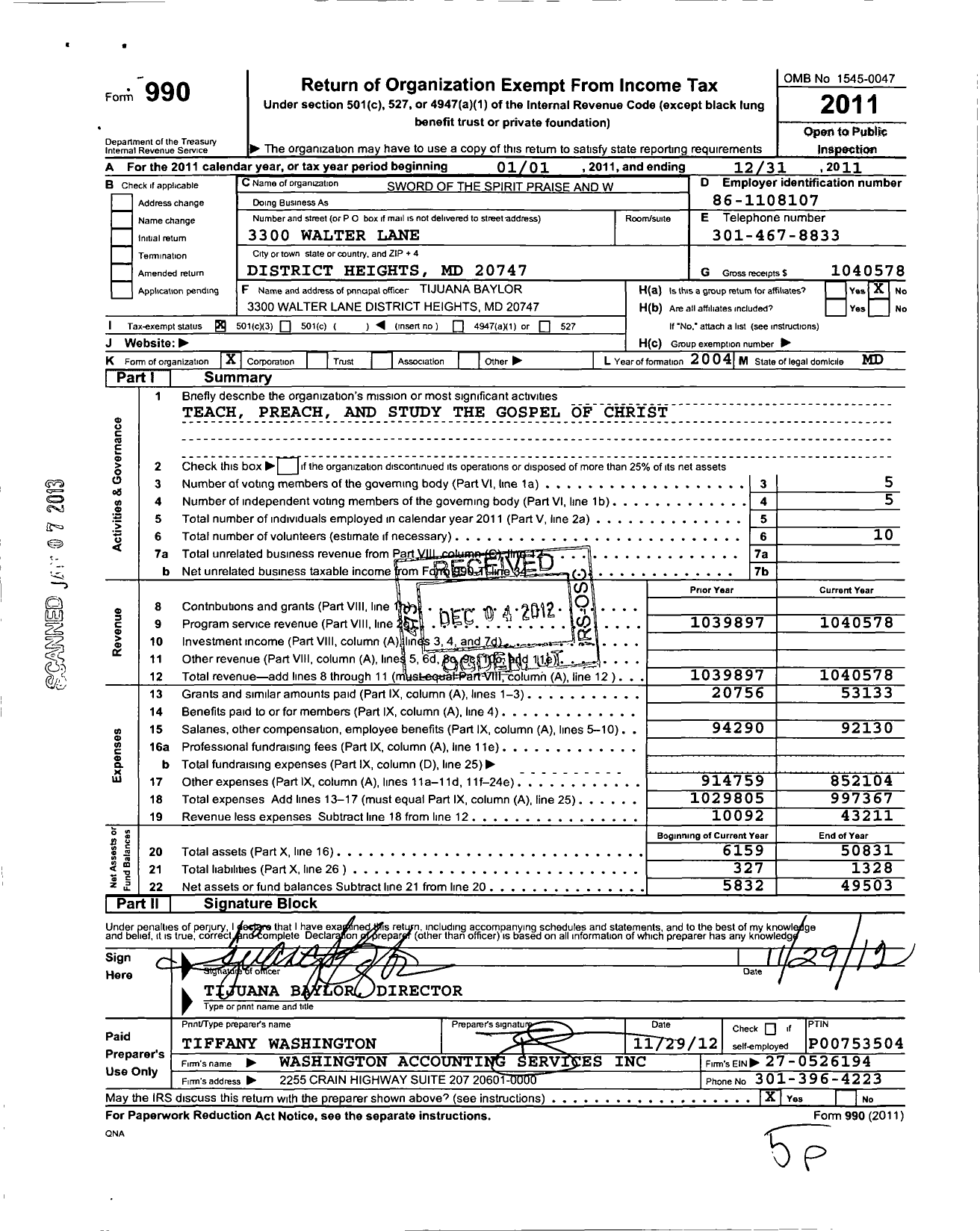 Image of first page of 2011 Form 990 for Sword of the Spirit Praise and Worship Center