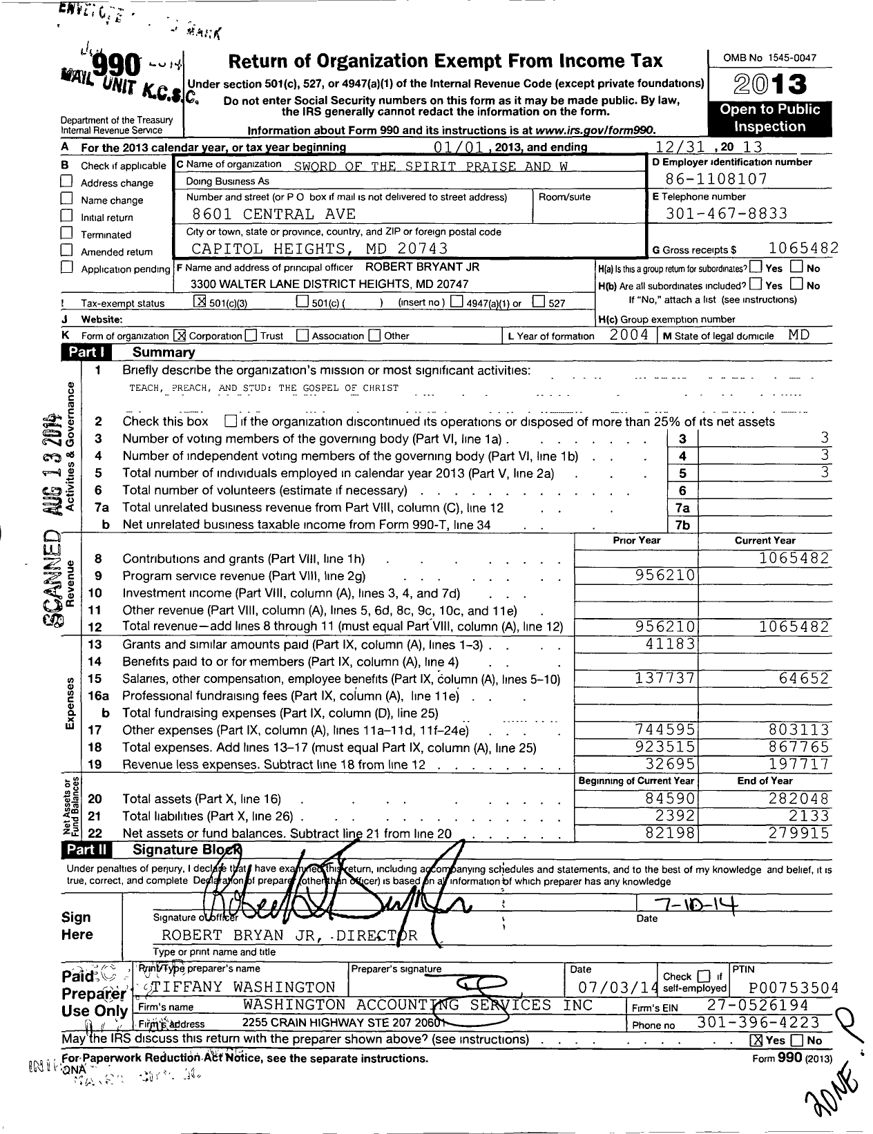 Image of first page of 2013 Form 990 for Sword of the Spirit Praise and Worship Center