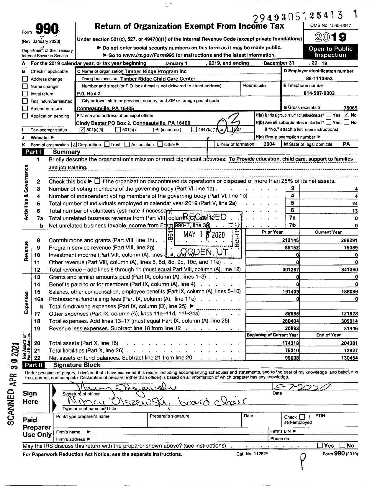 Image of first page of 2019 Form 990 for Timber Ridge Child Care Center