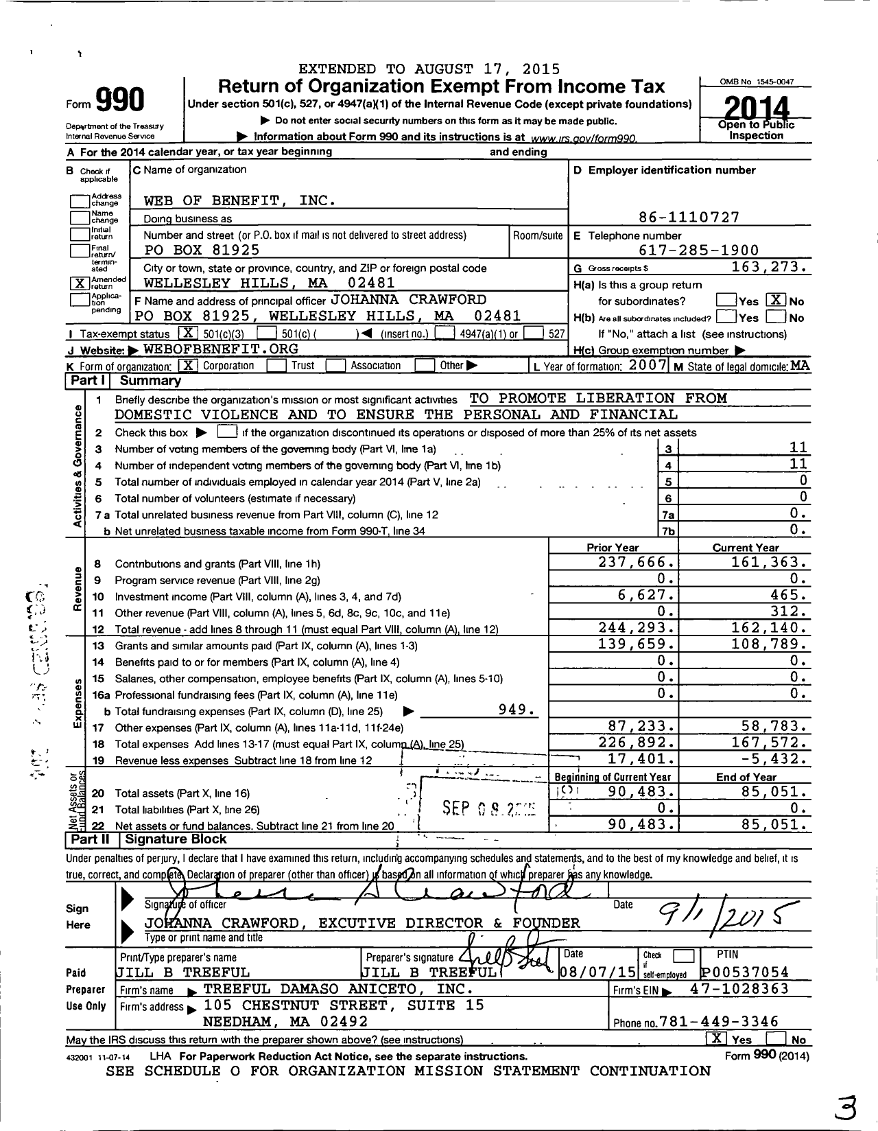 Image of first page of 2014 Form 990 for Web of Benefit