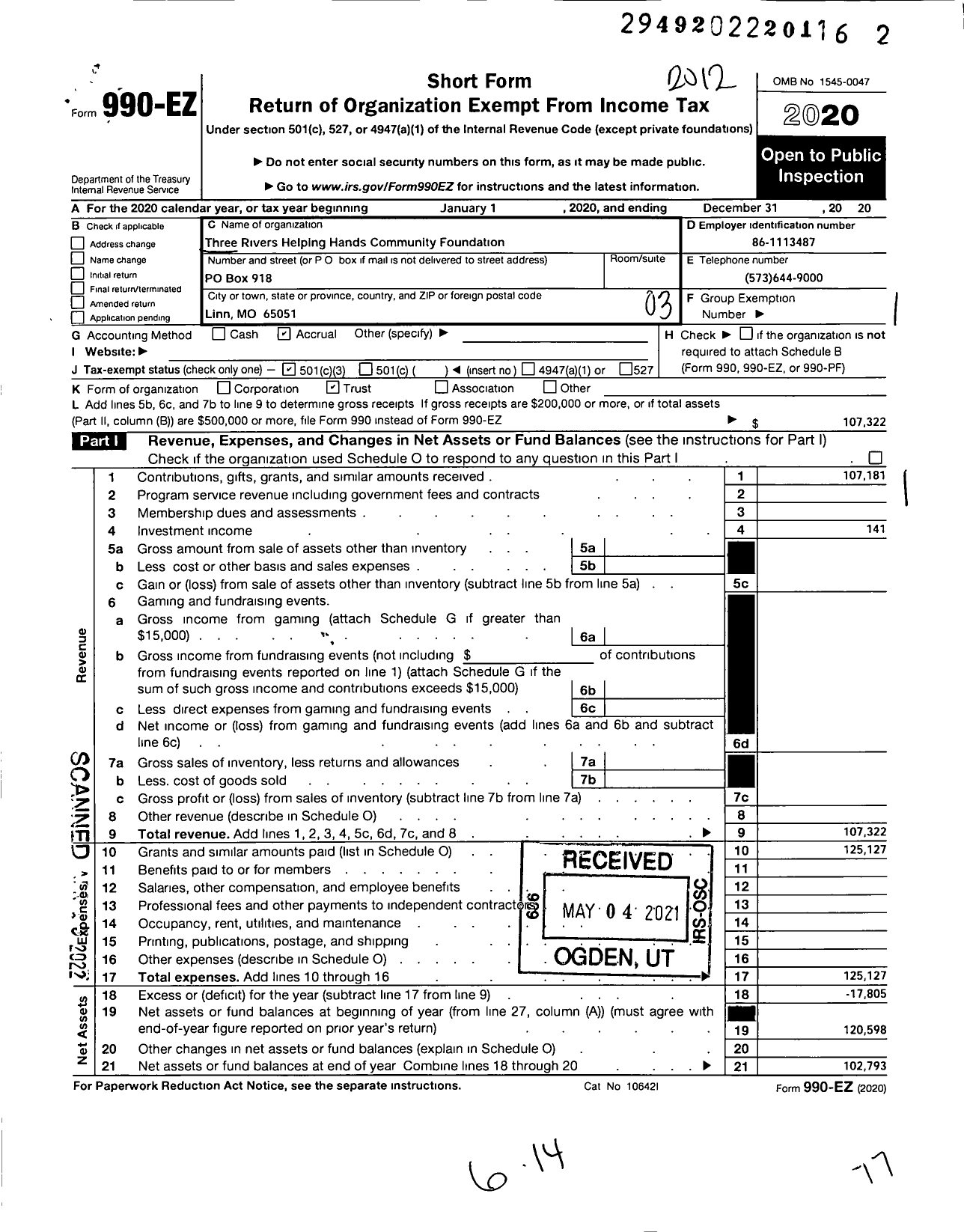 Image of first page of 2020 Form 990EZ for Three Rivers Helping Hands Community Foundation