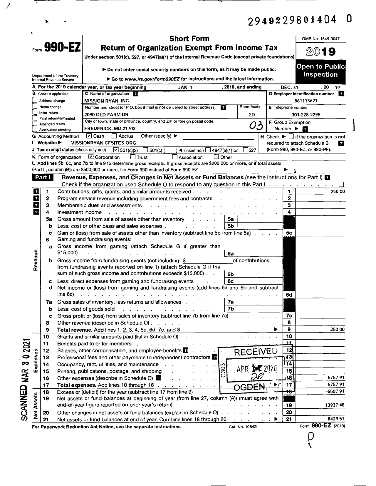 Image of first page of 2019 Form 990EZ for Mission Ryan