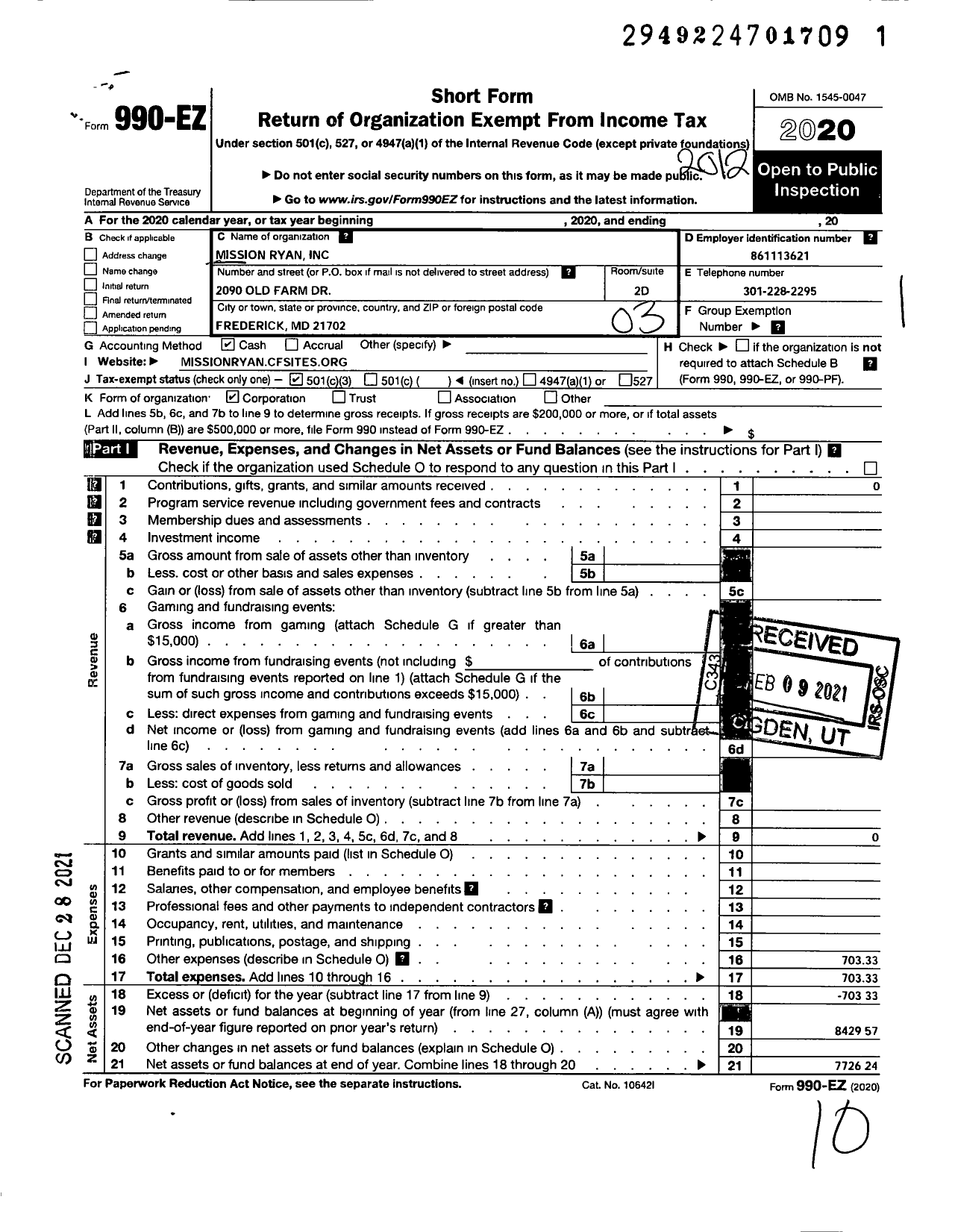 Image of first page of 2020 Form 990EZ for Mission Ryan