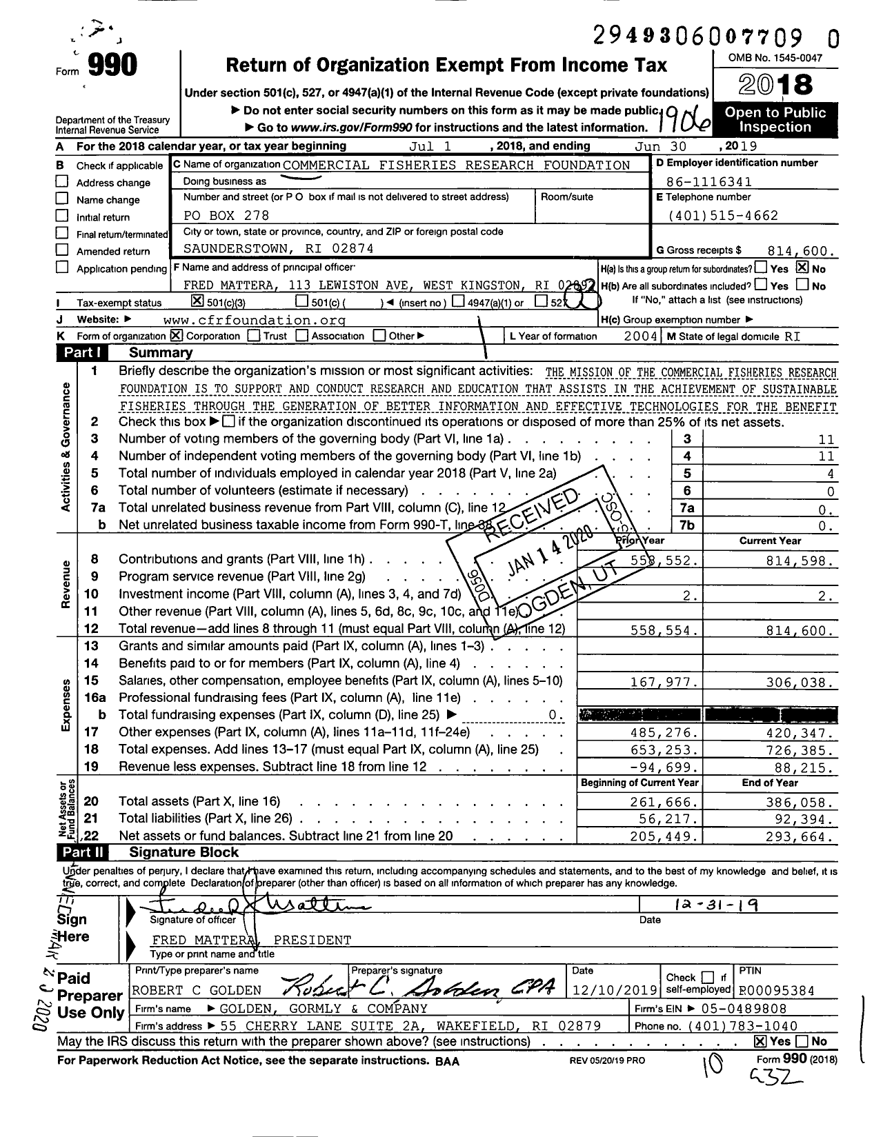 Image of first page of 2018 Form 990 for Commercial Fisheries Research Foundation (CFRF)