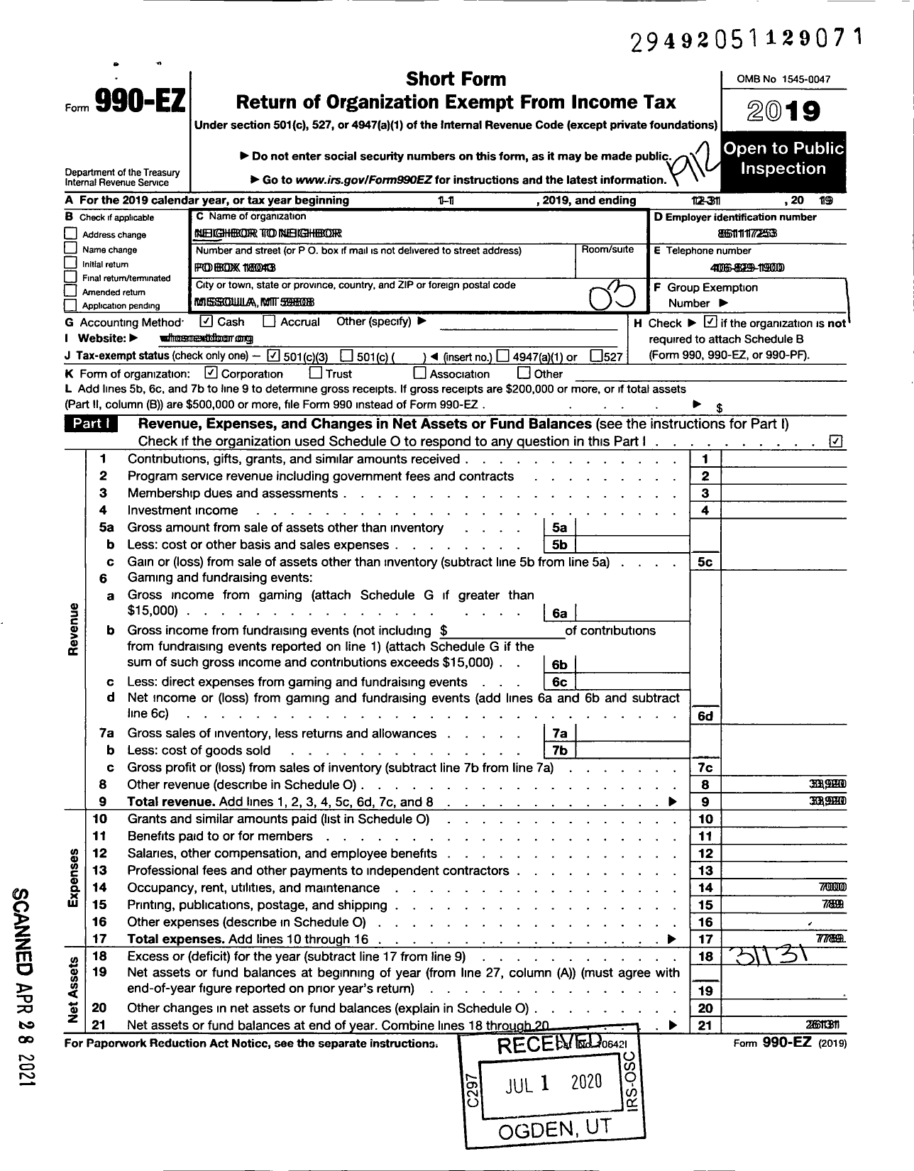 Image of first page of 2019 Form 990EZ for Neighbor To Neighbor