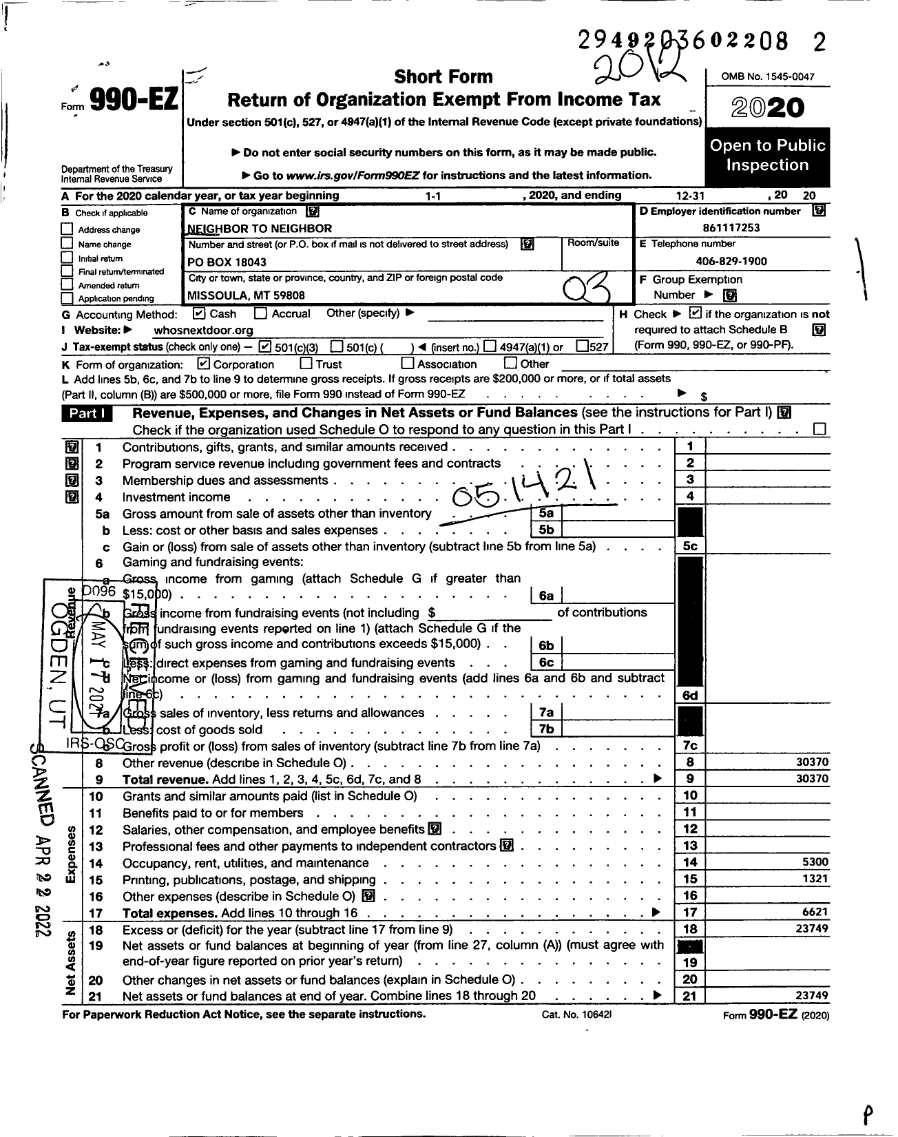 Image of first page of 2020 Form 990EZ for Neighbor To Neighbor