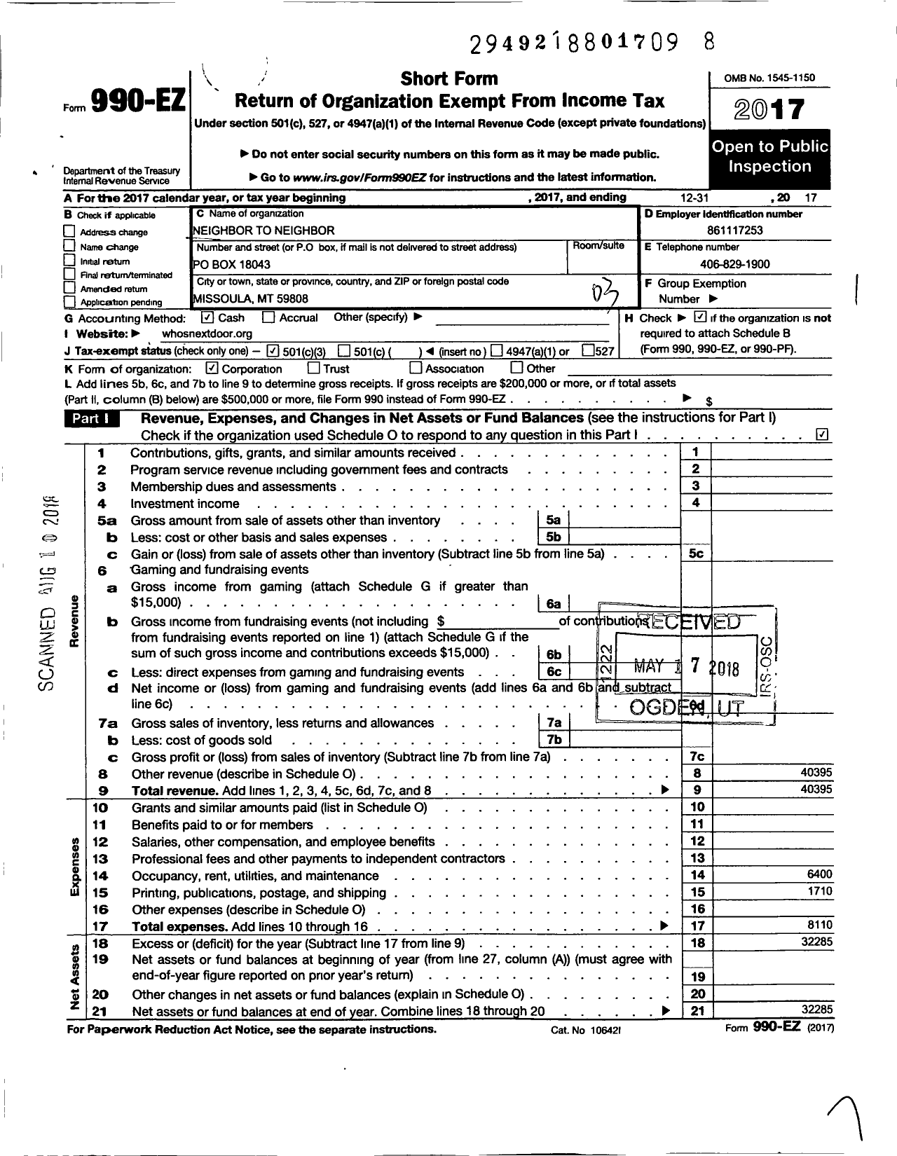 Image of first page of 2017 Form 990EZ for Neighbor To Neighbor