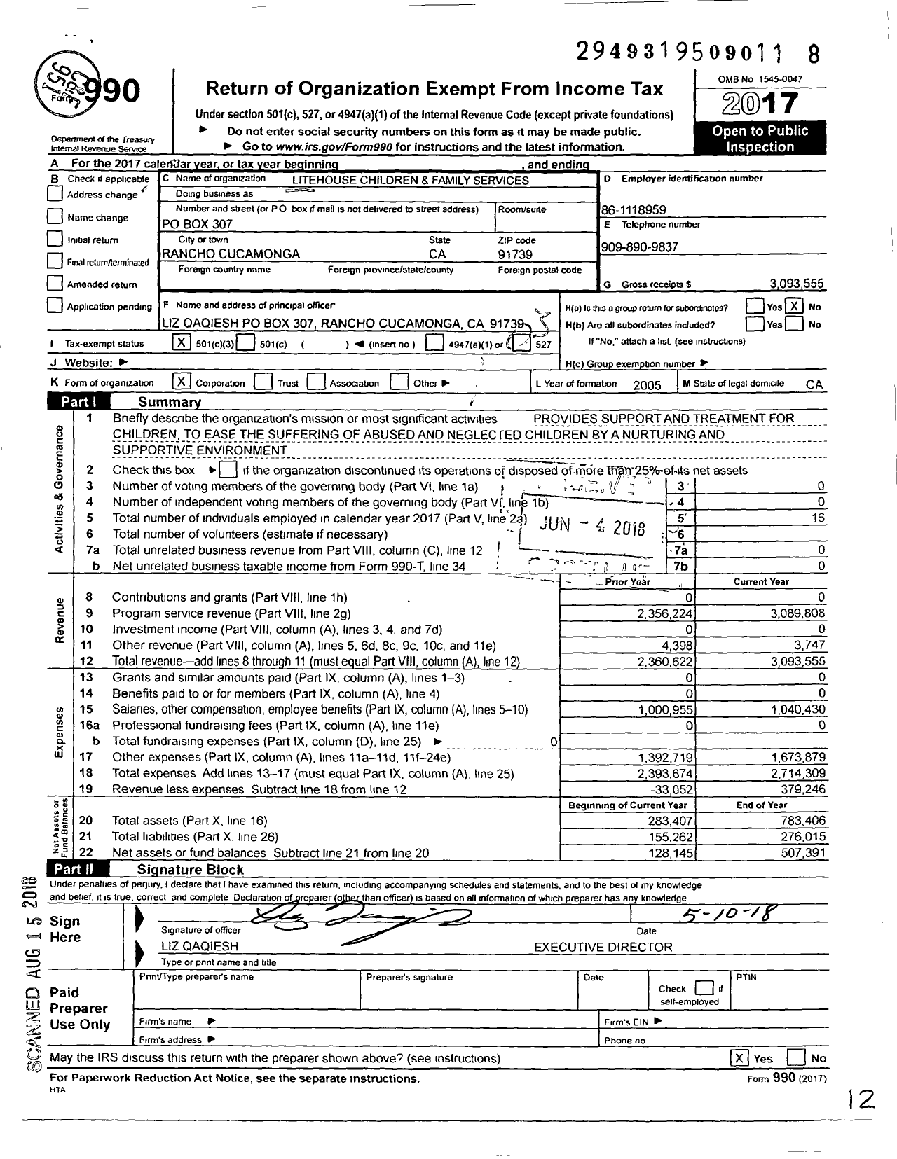 Image of first page of 2017 Form 990 for Litehouse Children and Family Services