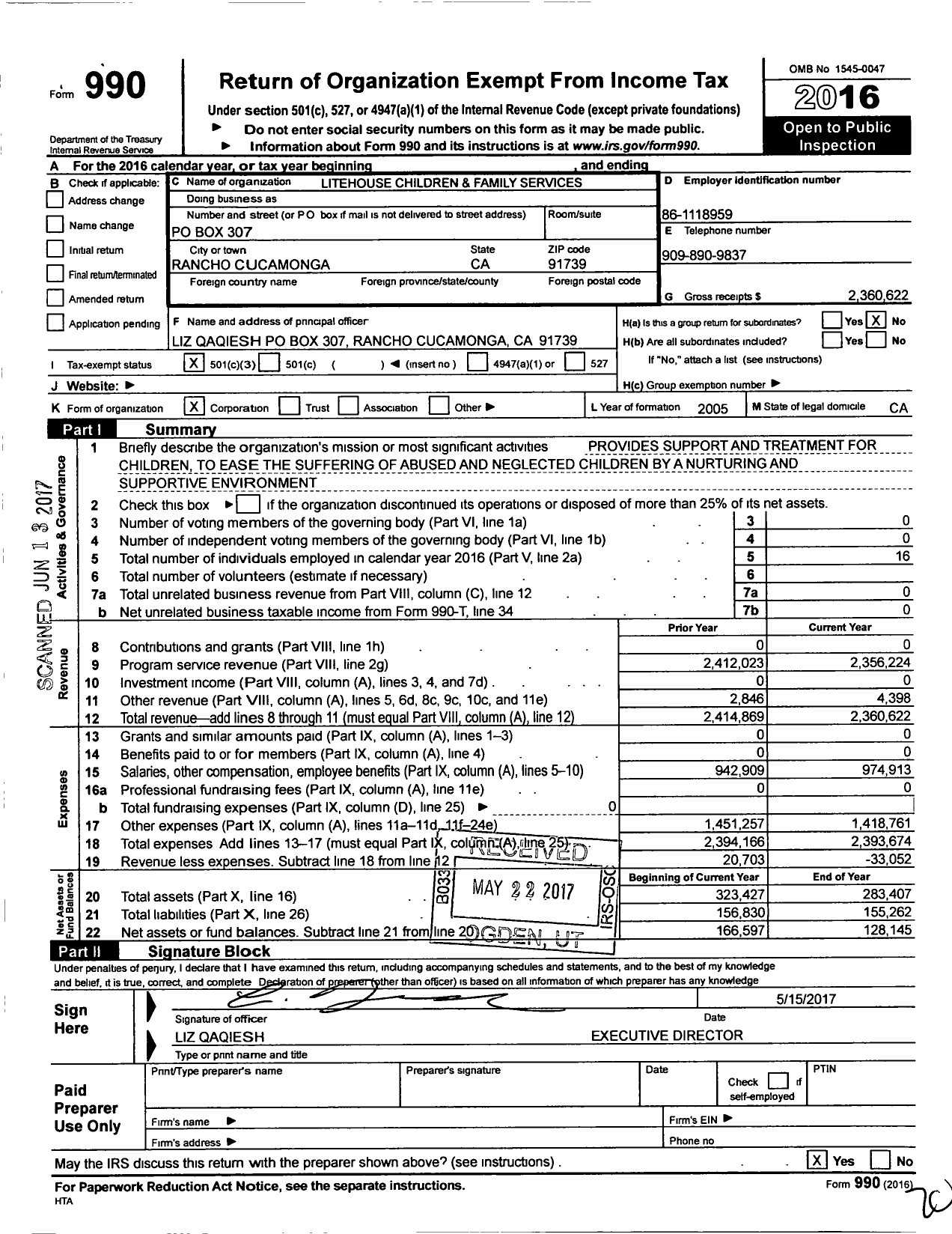Image of first page of 2016 Form 990 for Litehouse Children and Family Services