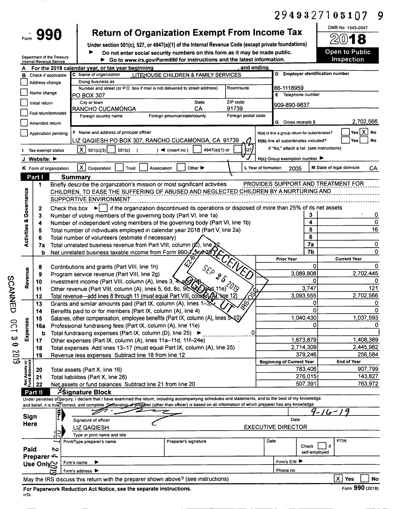 Image of first page of 2018 Form 990 for Litehouse Children and Family Services