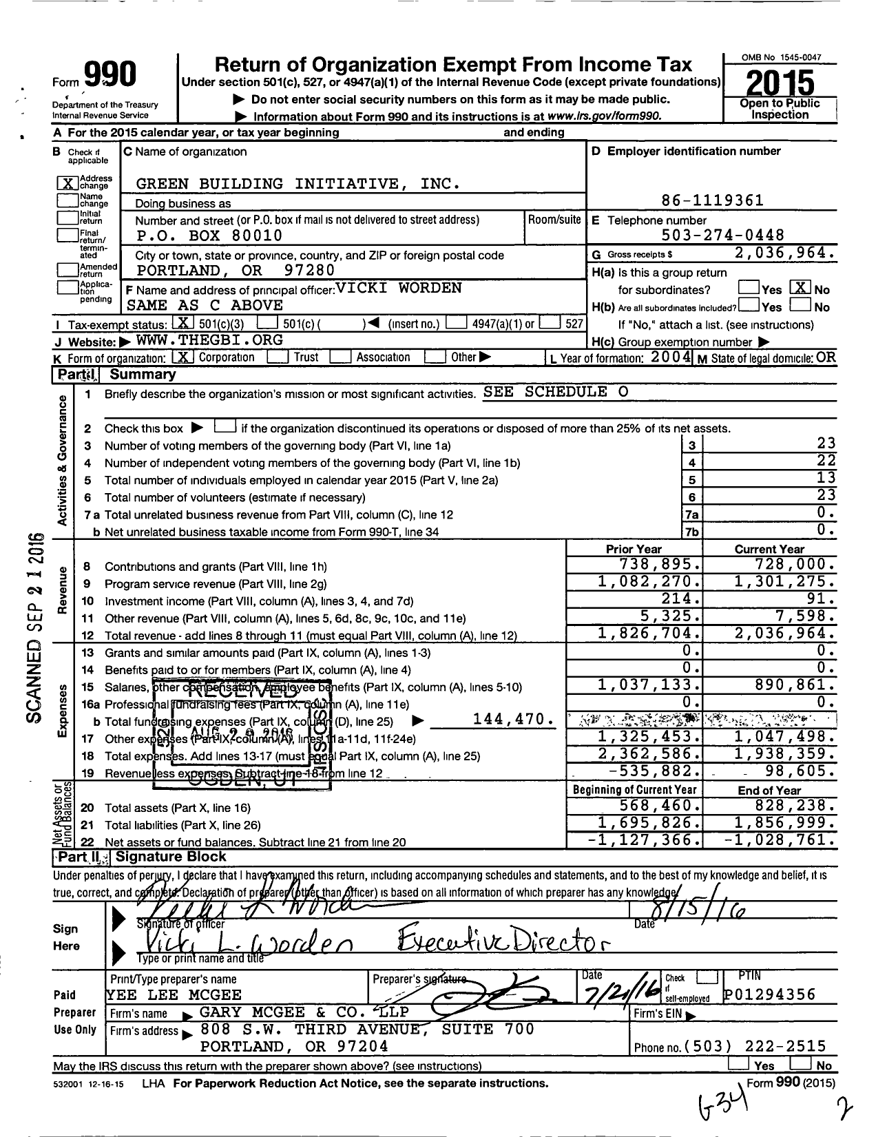 Image of first page of 2015 Form 990 for Green Building Initiative (GBI)