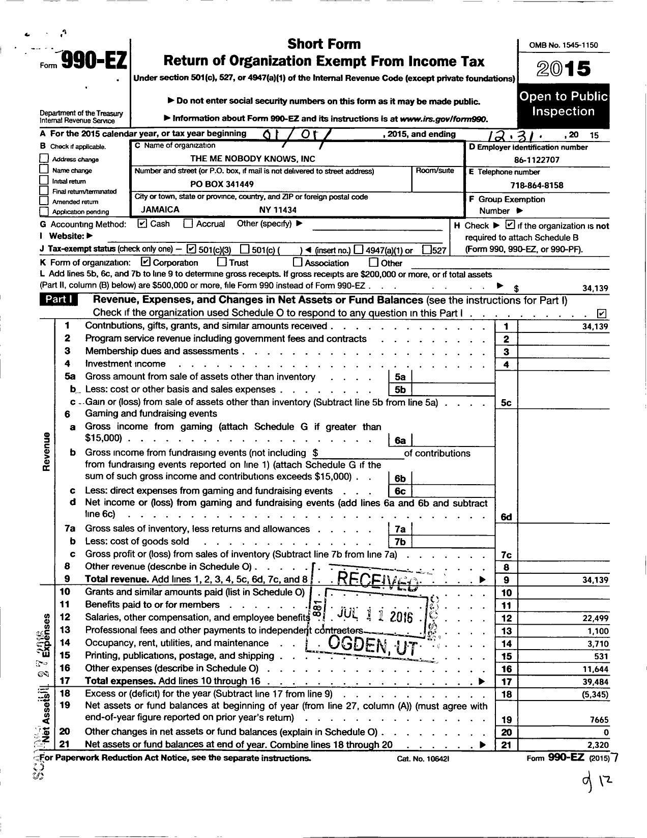 Image of first page of 2015 Form 990EZ for The Me Nobody Knows