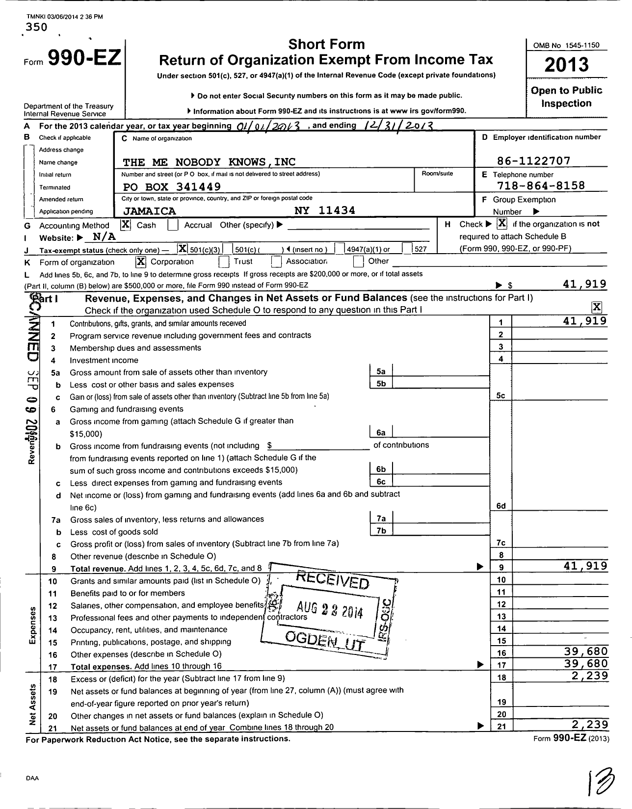 Image of first page of 2013 Form 990EZ for The Me Nobody Knows