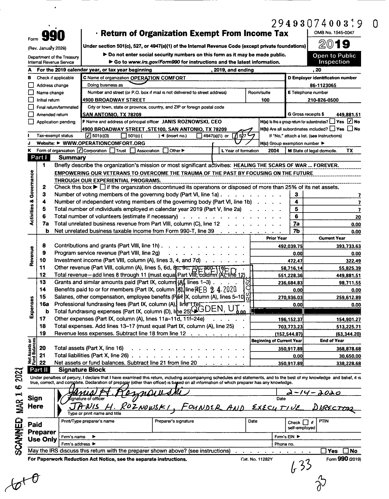 Image of first page of 2019 Form 990 for Operation Comfort