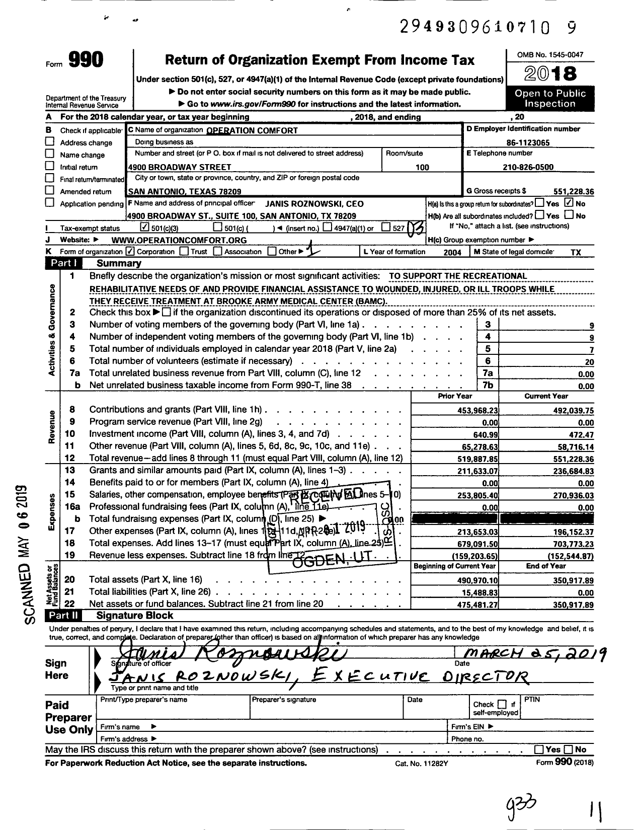 Image of first page of 2018 Form 990 for Operation Comfort