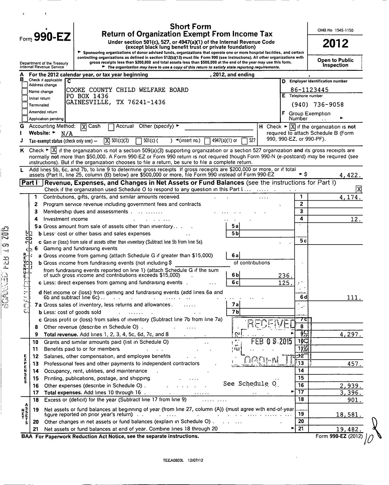 Image of first page of 2012 Form 990EZ for Cooke County Child Welfare Board