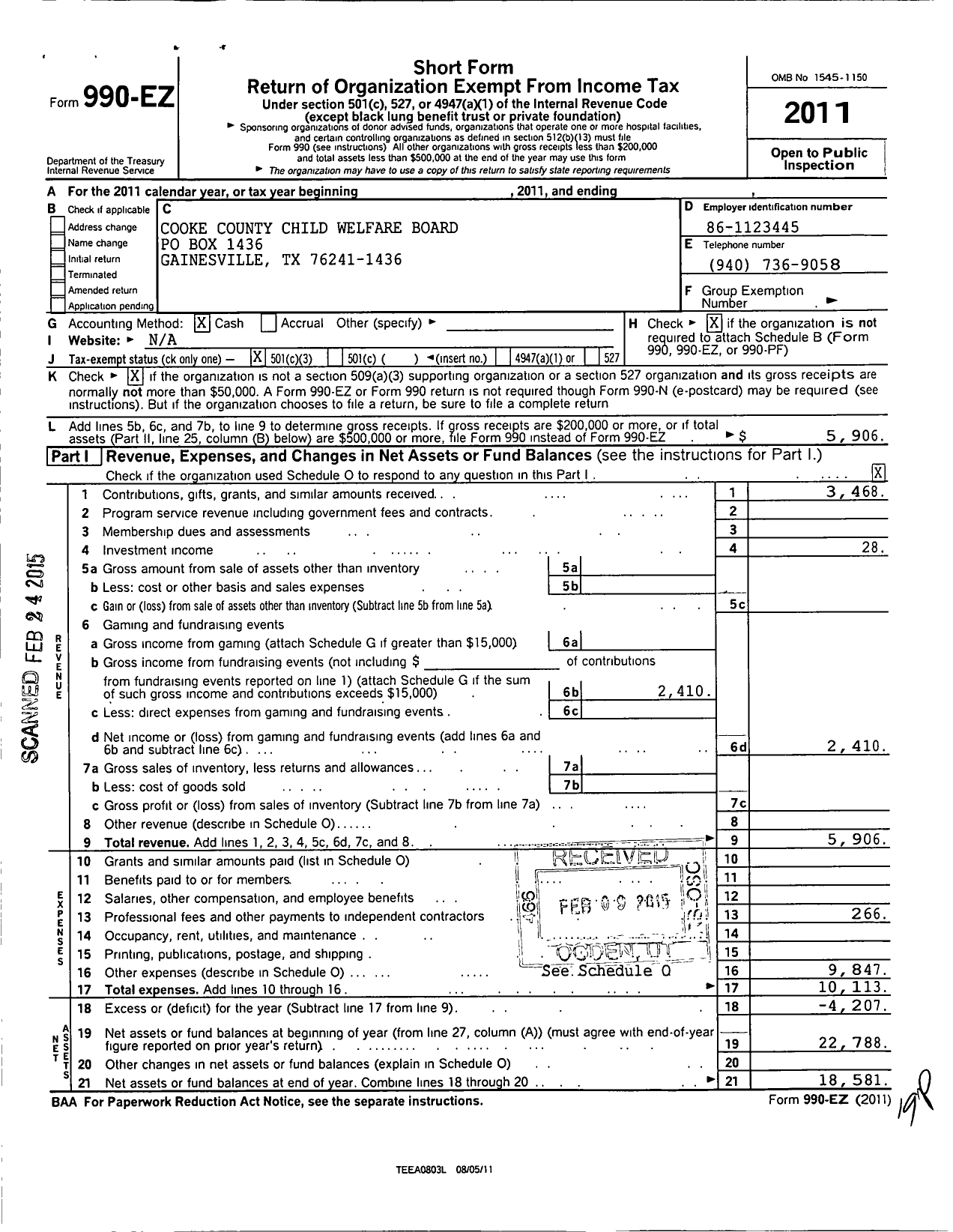 Image of first page of 2011 Form 990EZ for Cooke County Child Welfare Board