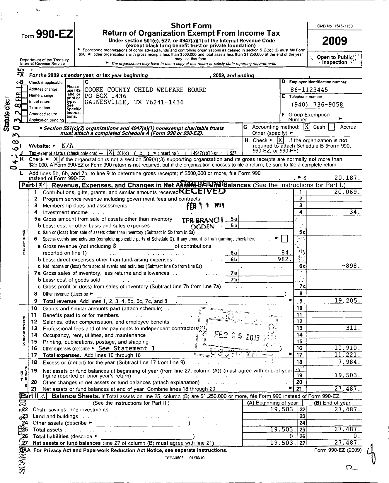 Image of first page of 2009 Form 990EZ for Cooke County Child Welfare Board