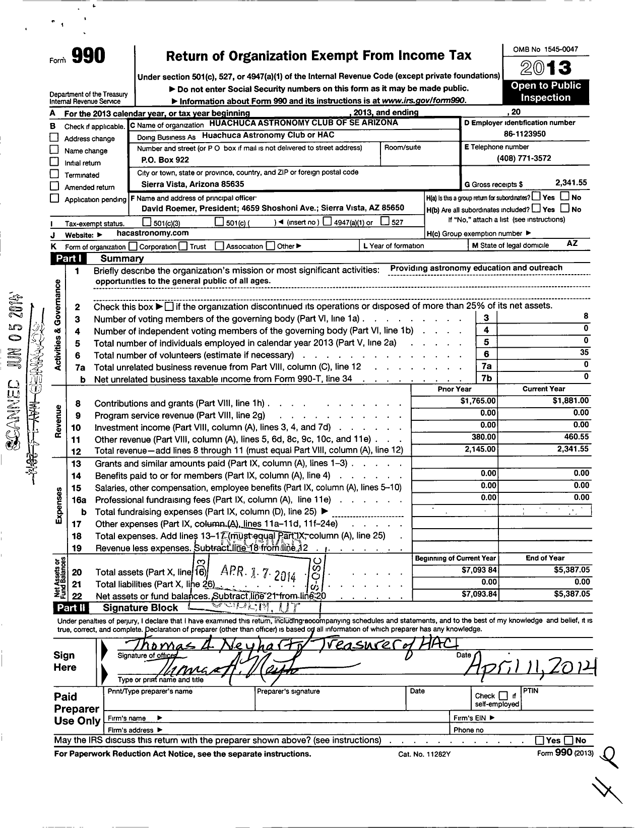 Image of first page of 2013 Form 990O for Huachuca Astronomy Club of Southern Arizona