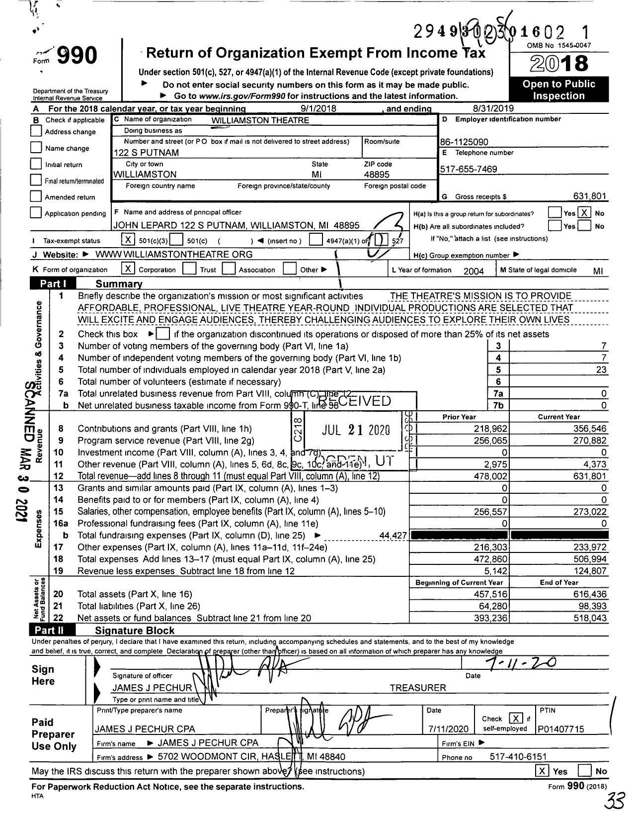 Image of first page of 2018 Form 990 for Williamston Theatre