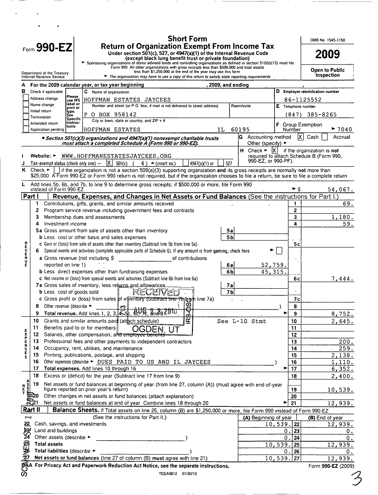 Image of first page of 2009 Form 990EO for United States Junior Chamber of Commerce / 12-332729 Hoffman Estates Jaycees