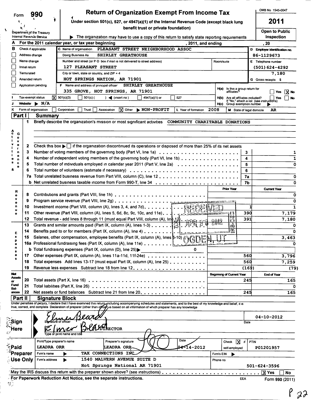 Image of first page of 2011 Form 990 for Pleasant Street Neighborhood Association