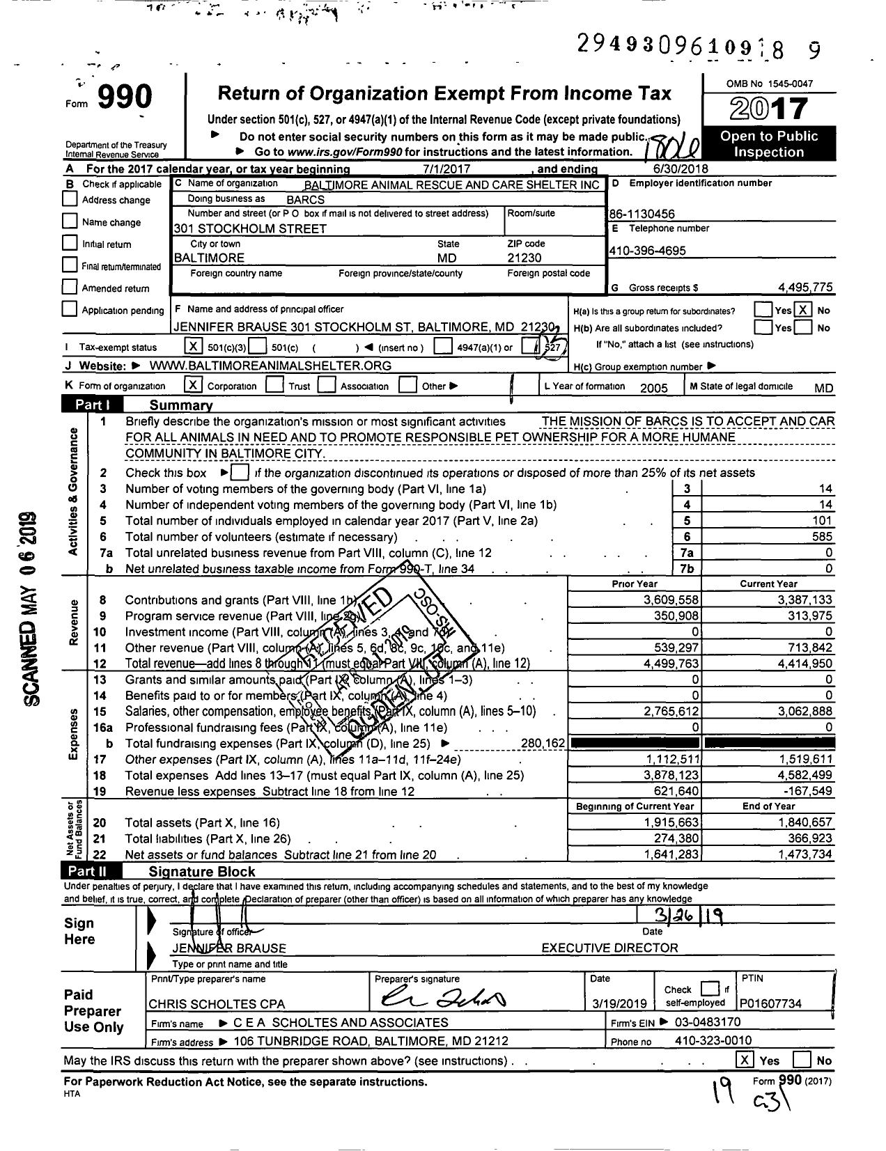 Image of first page of 2017 Form 990 for Baltimore Animal Rescue and Care Shelter (BARCS)