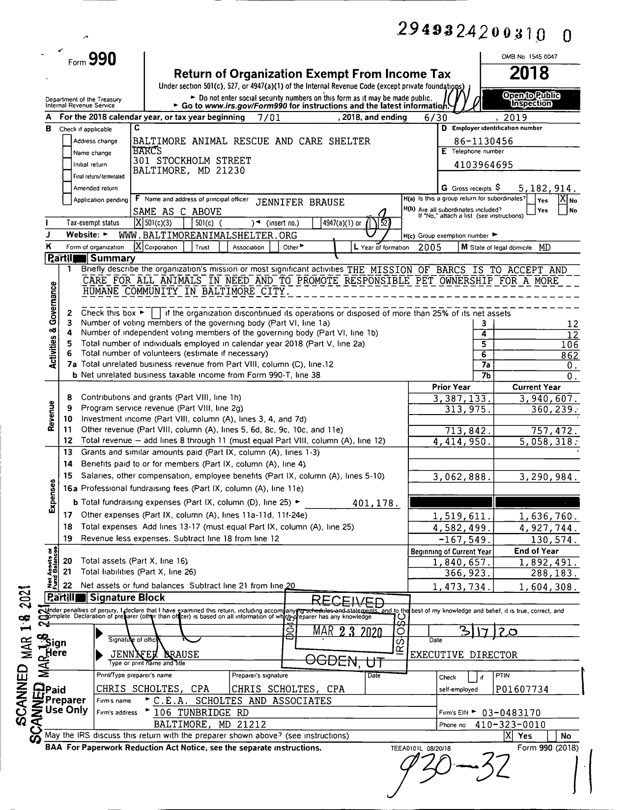 Image of first page of 2018 Form 990 for Baltimore Animal Rescue and Care Shelter (BARCS)
