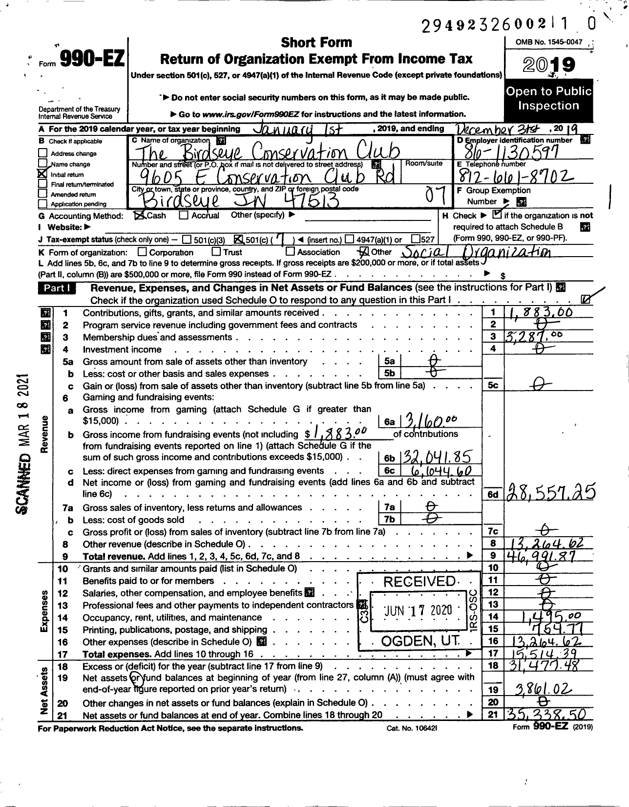 Image of first page of 2019 Form 990EO for The Birdseye Conservation Club