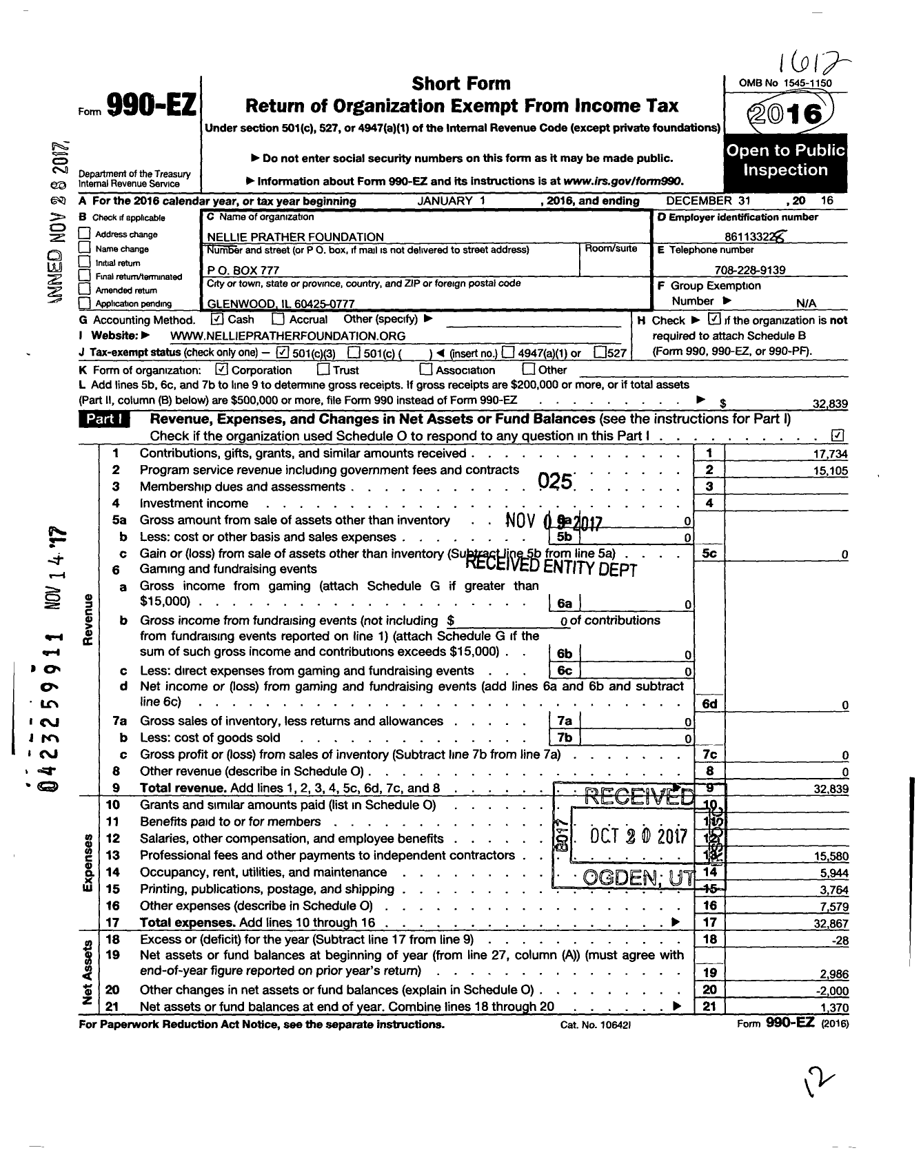 Image of first page of 2016 Form 990EZ for Nellie Prather Foundation