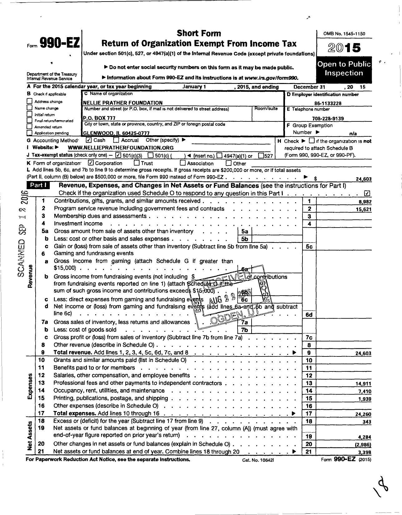 Image of first page of 2015 Form 990EZ for Nellie Prather Foundation