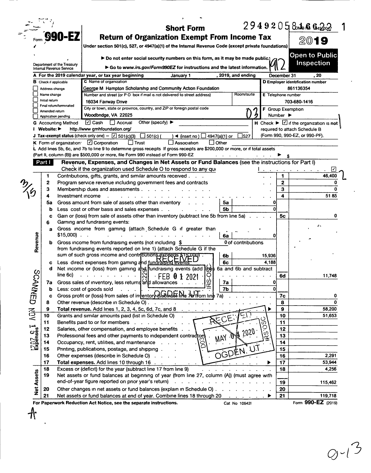 Image of first page of 2019 Form 990EZ for George M Hampton Scholarship and Community Action Foundation