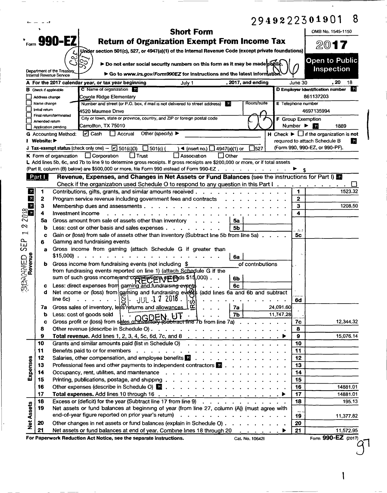 Image of first page of 2017 Form 990EZ for TEXAS PTA - Coyote Ridge Elementary PTA