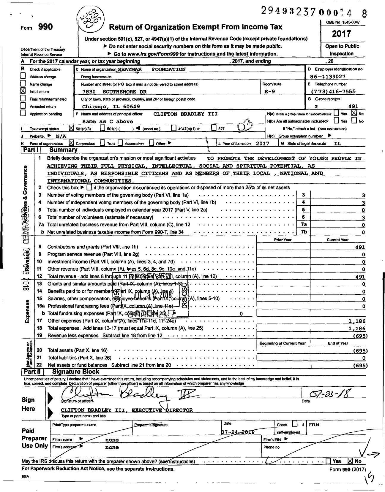 Image of first page of 2017 Form 990 for Shaymar Foundation