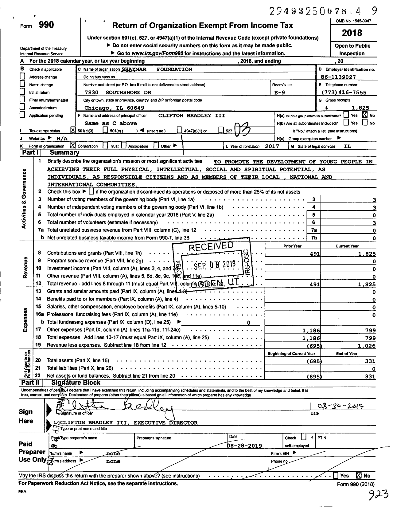 Image of first page of 2018 Form 990 for Shaymar Foundation