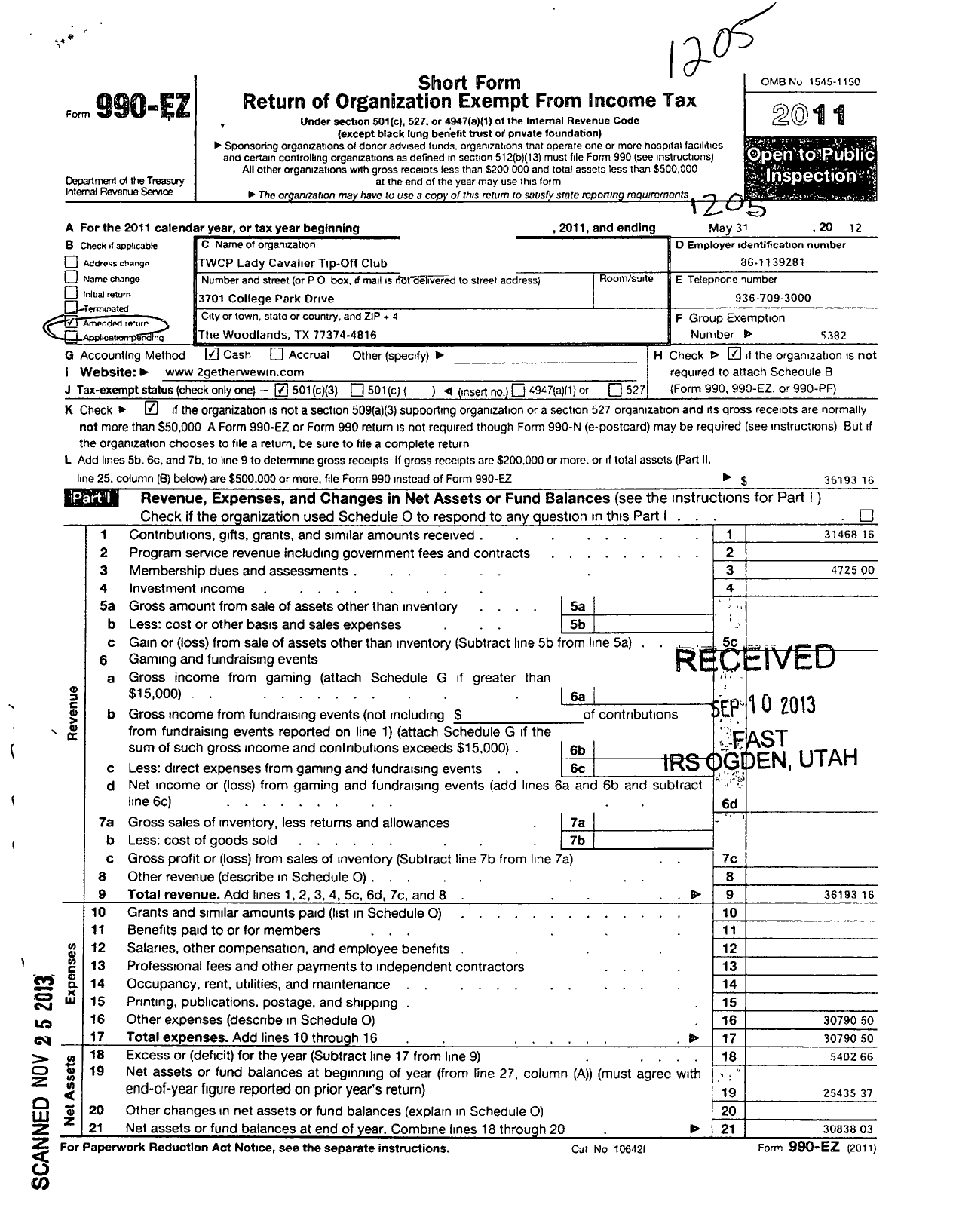 Image of first page of 2011 Form 990EZ for Cisd Educational Support Groups / TWCP Lady Cavalier Tip-Off Club