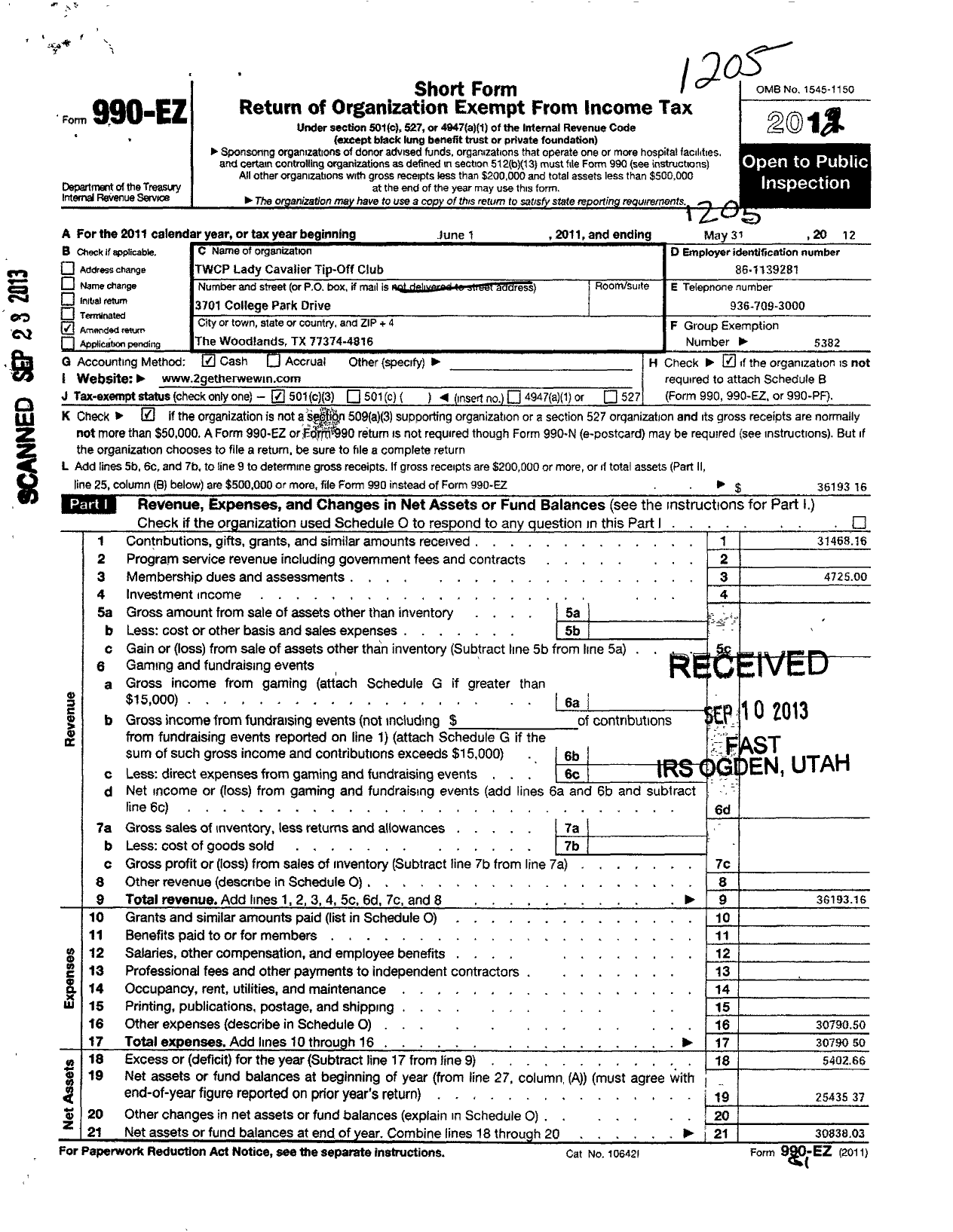 Image of first page of 2011 Form 990EZ for Cisd Educational Support Groups / TWCP Lady Cavalier Tip-Off Club