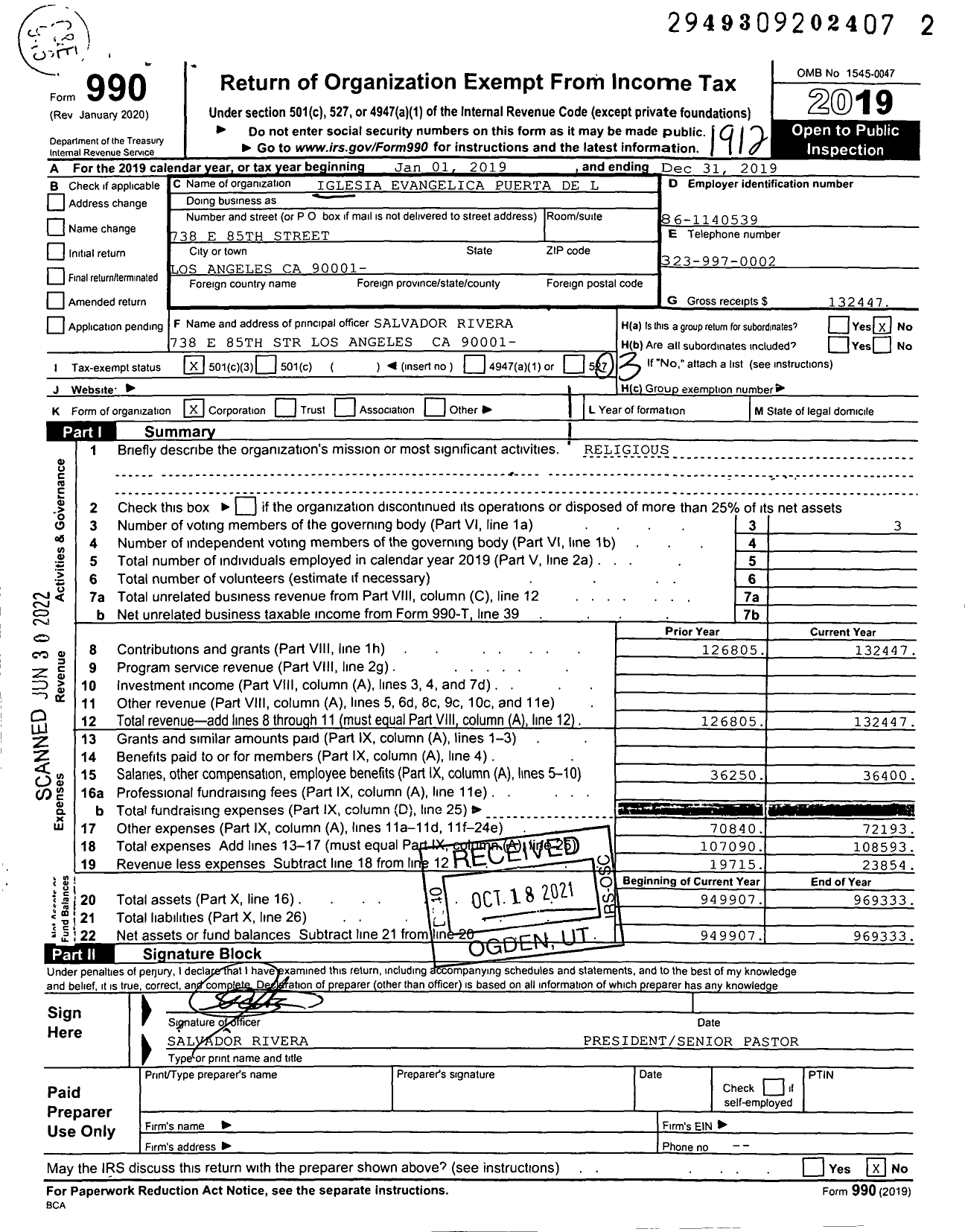 Image of first page of 2019 Form 990 for Iglesia Evangelica Puerta de las Aguas