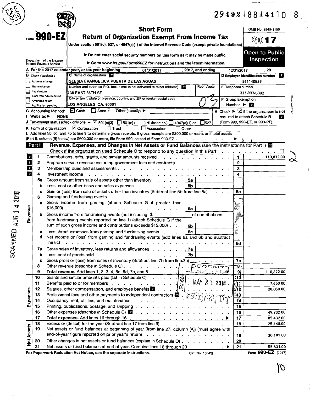 Image of first page of 2017 Form 990EZ for Iglesia Evangelica Puerta de las Aguas