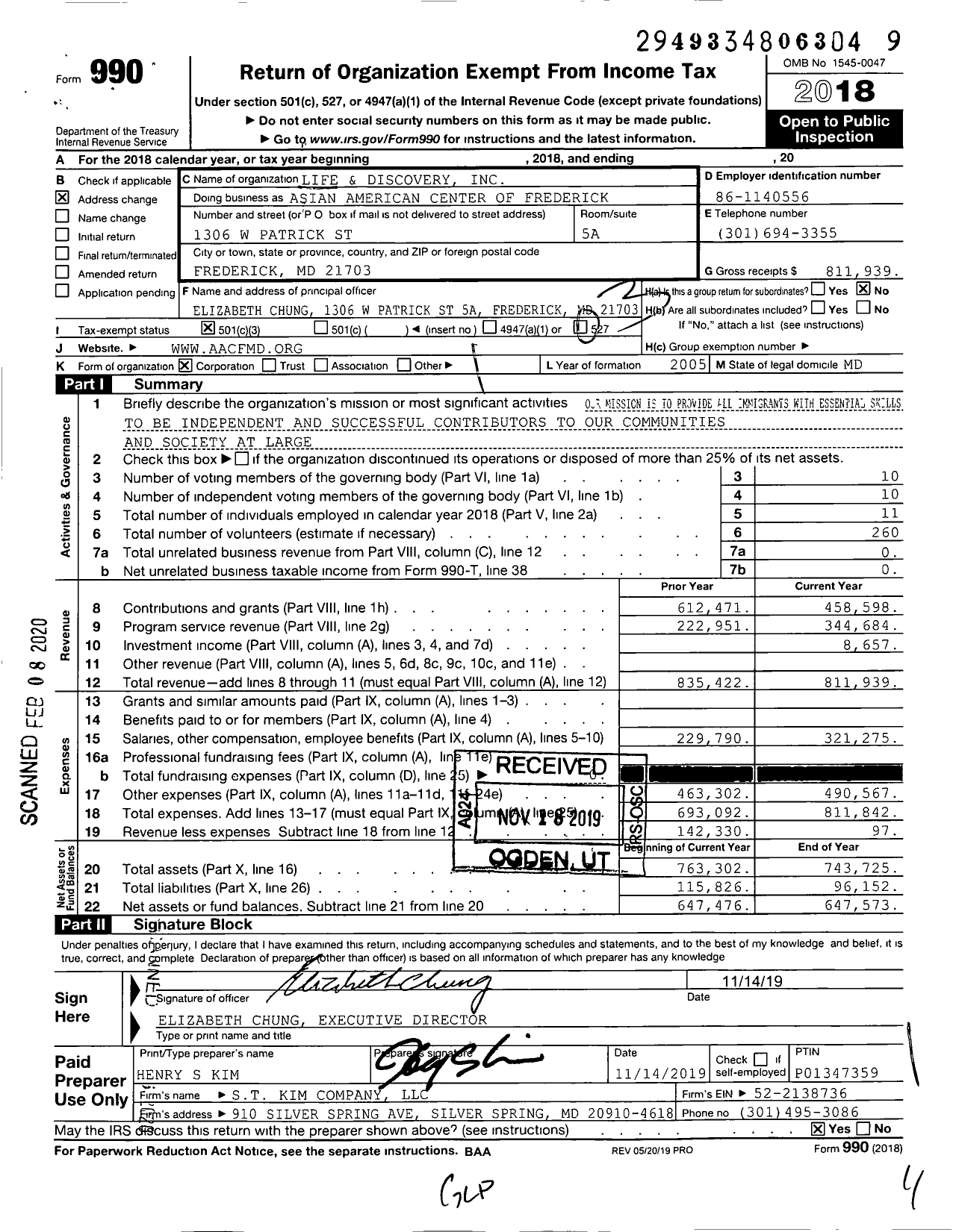 Image of first page of 2018 Form 990 for Asian American Center of Frederick