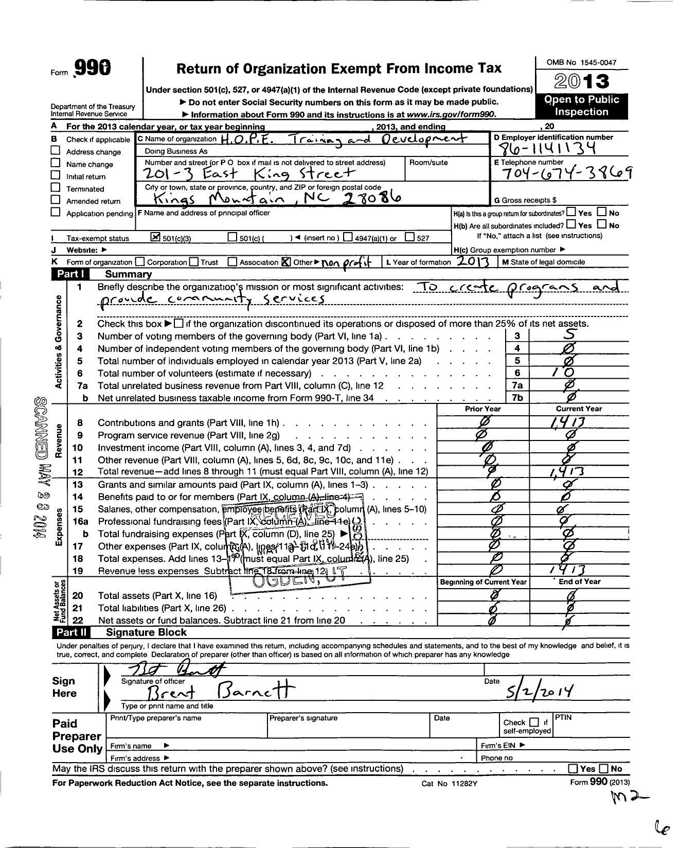 Image of first page of 2013 Form 990 for H O P E