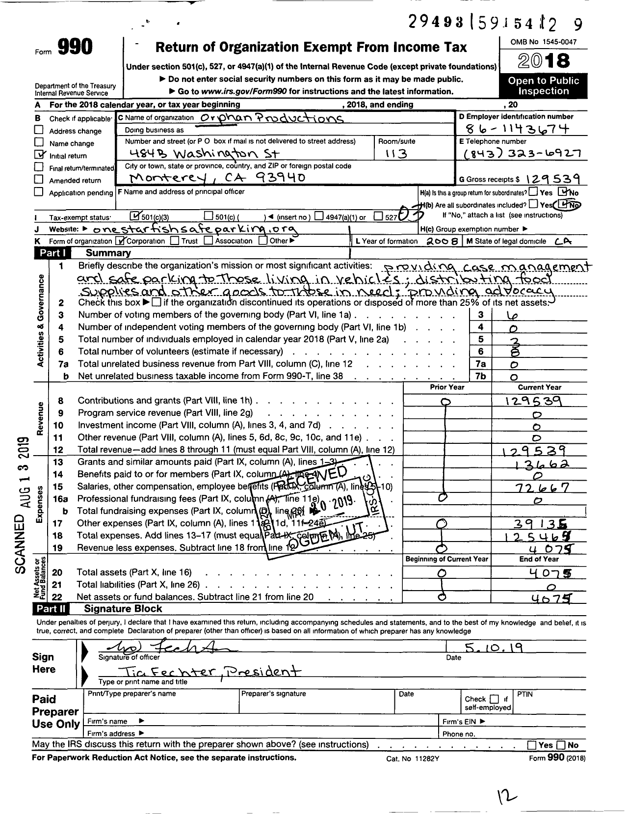 Image of first page of 2018 Form 990 for Orphan Productions One Starfish