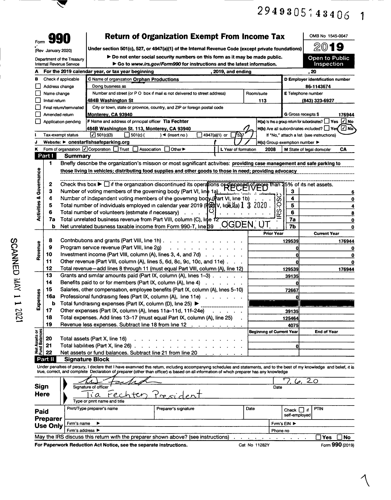 Image of first page of 2019 Form 990 for Orphan Productions One Starfish