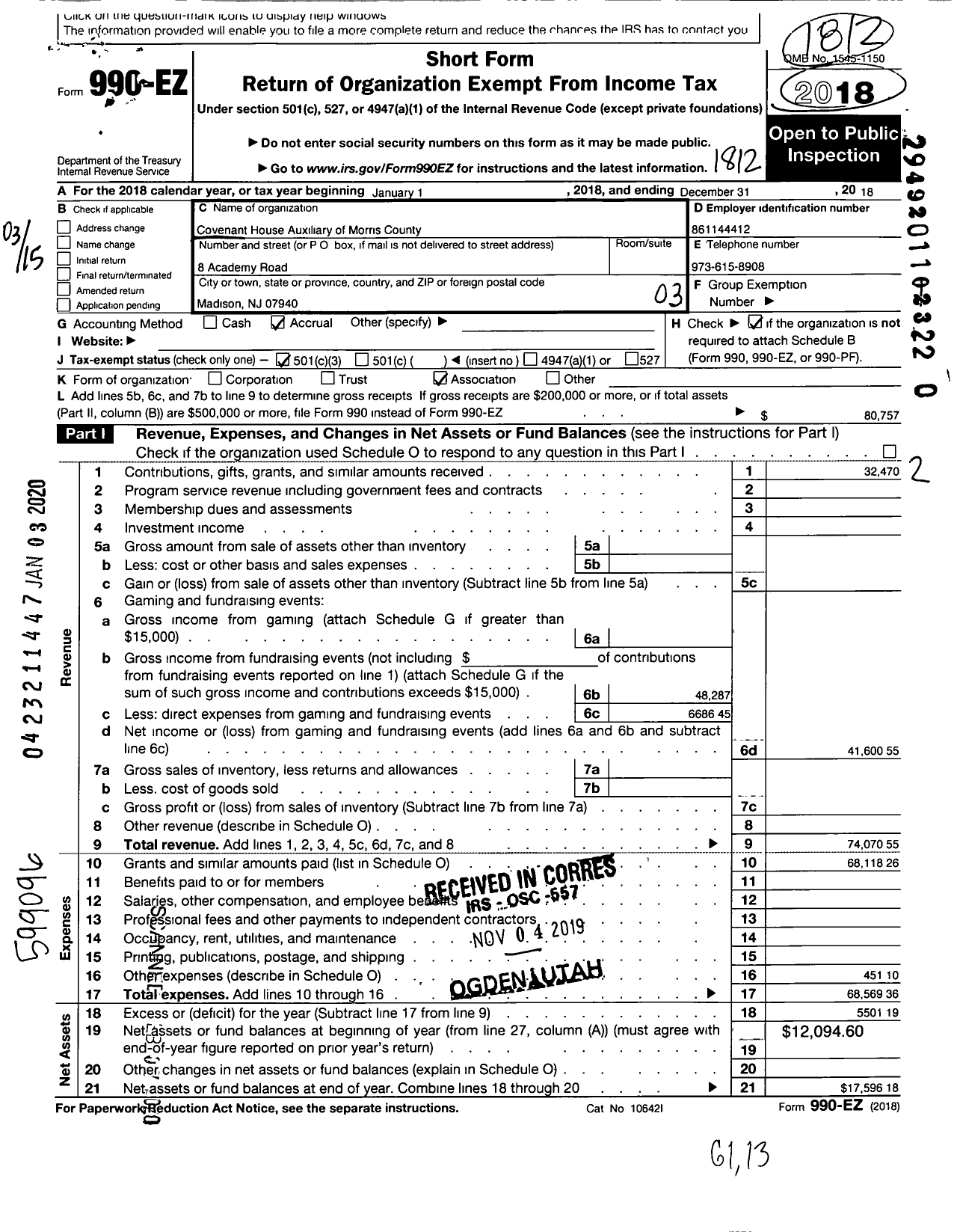 Image of first page of 2018 Form 990EZ for Covenant House Auxiliary of Morris County