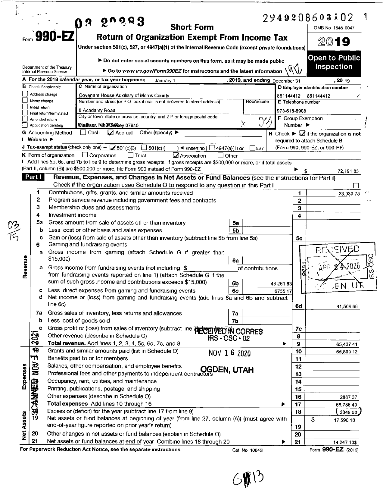 Image of first page of 2019 Form 990EZ for Covenant House Auxiliary of Morris County